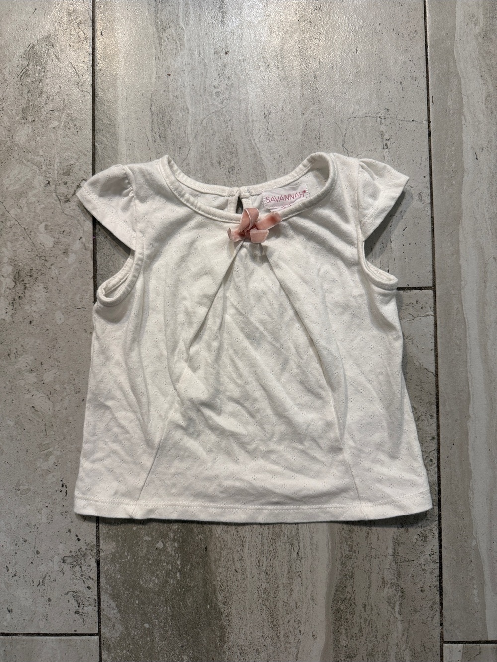 Savannah White Short-Sleeve Girl's Top with Pink Bow Accent